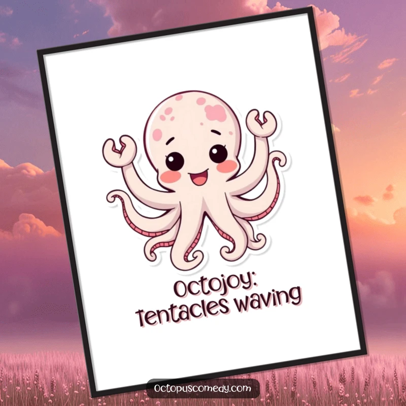 Funny free printable wall art: Adorable kawaii octopus with many waving tentacles radiates pure joy and happiness.