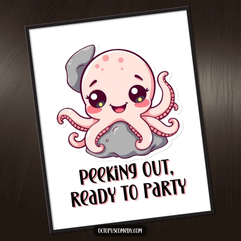 Funny Free Printable Wall Art showing a happy octopus with wide eyes playfully peeking out from behind a rock.