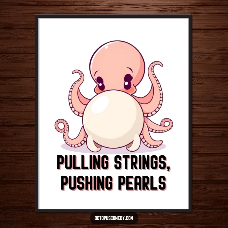 Funny Free Printable Wall Art: A determined octopus uses all its arms to push a very large pearl, creating a striking image.