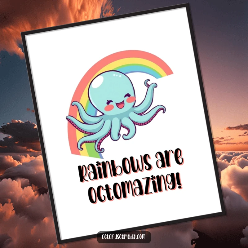 Funny Free Printable Wall Art: Octopus with a joyful expression sliding down a vibrant rainbow, downloadable whimsical decor.