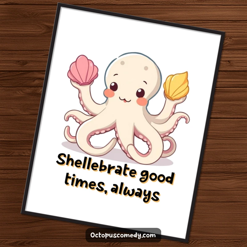 Funny Free Printable Wall Art depicting an octopus in mid-air, skillfully juggling three colorful seashells with a determined expression.