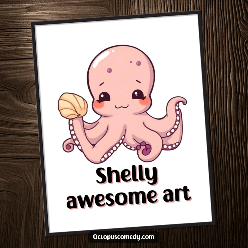 Funny Free Printable Wall Art: Shy octopus politely offers a seashell, cute downloadable ocean-themed decor.