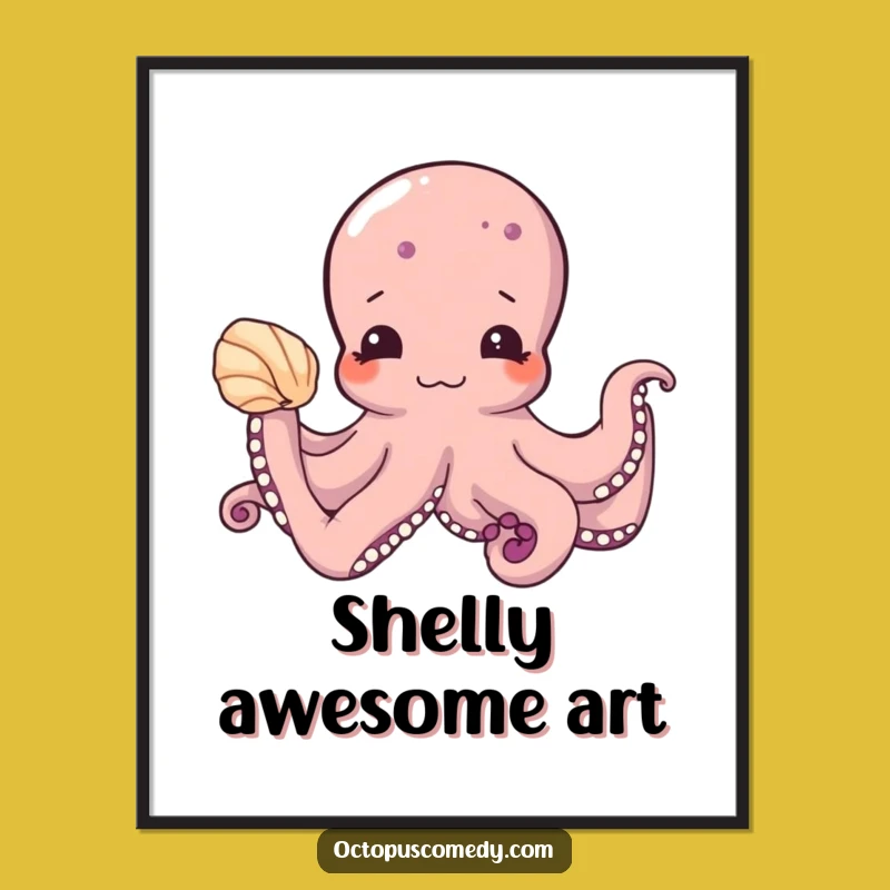 Funny Free Printable Wall Art: Shy Octopus with Seashell - Cute Downloadable Ocean Decor