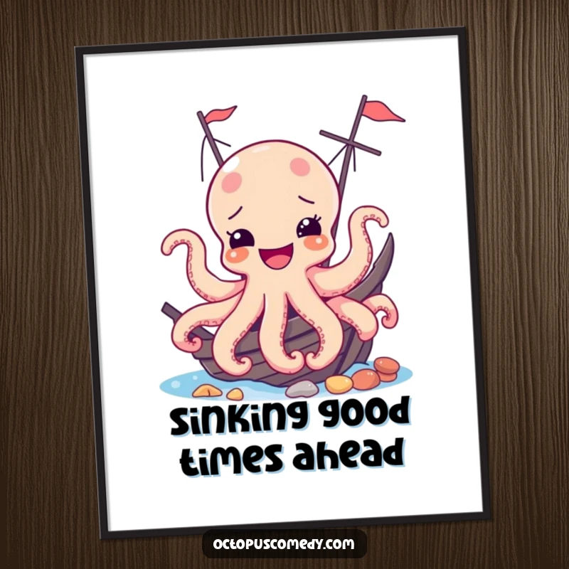 Funny free printable wall art of a joyful octopus peeking from behind a shipwreck, adding a touch of quirky humor.
