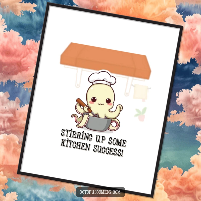 Funny Free Printable Wall Art: A charming octopus wearing a chef hat, humorously stirring a pot, perfect for kitchen decor. Downloadable.