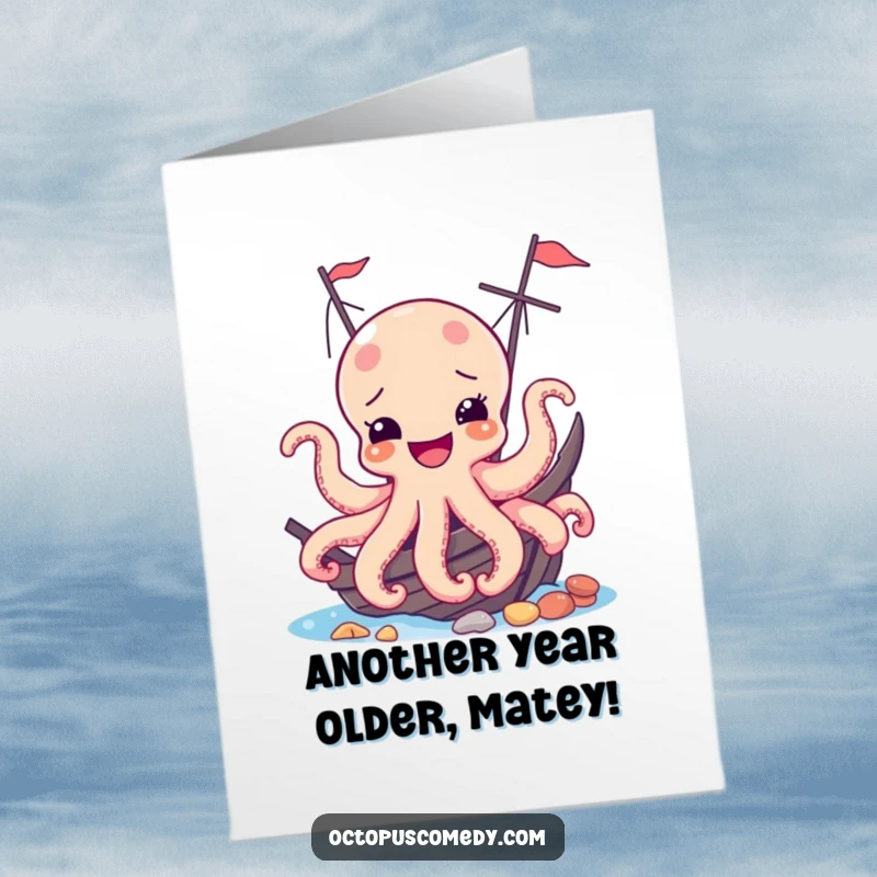 Funny free printable birthday card featuring a joyful octopus humorously peeking from behind a sunken shipwreck, ready to celebrate.