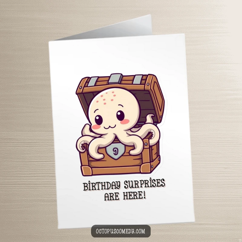 Funny Free Printable Birthday Card: An octopus peeking curiously from behind a treasure chest overflowing with gold. A downloadable.