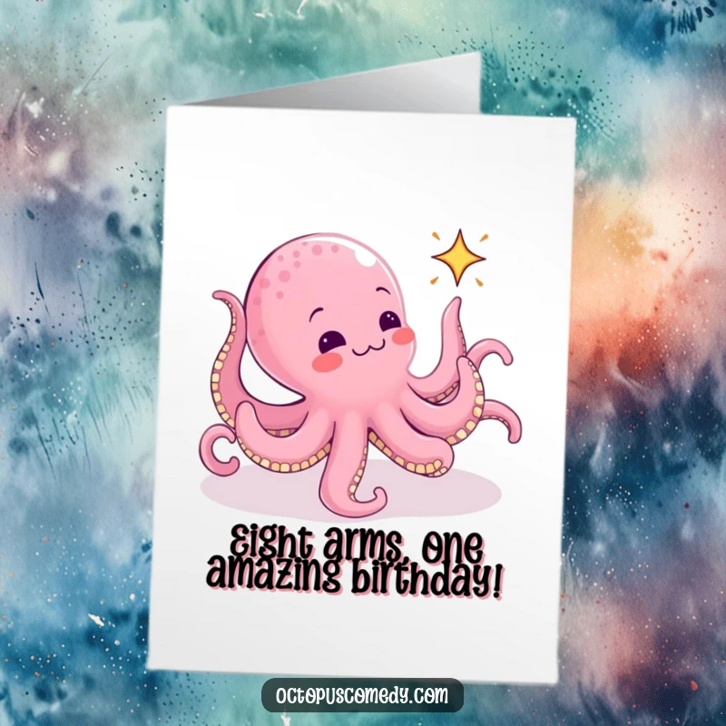 Funny Free Printable Birthday Card featuring a multi-armed octopus gleefully chasing a tiny animated sparkle, ready to party.