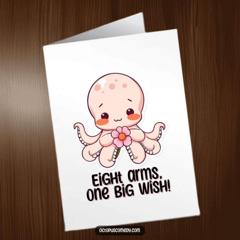 Funny Free Printable Birthday Card: Shy octopus with rosy cheeks, clutching a delicate flower, blushing with undeniable sweetness.