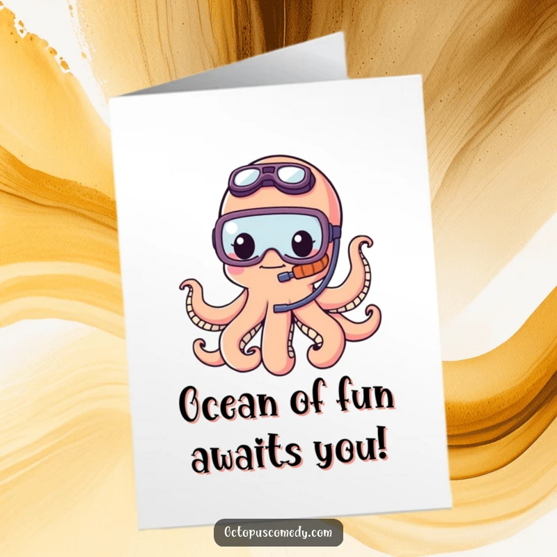 Funny Free Printable Birthday Card featuring a kawaii octopus in a tiny snorkel, ready for an underwater adventure.