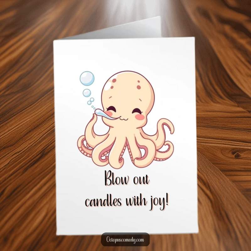 Funny Free Printable Birthday Card: Octopus playfully blowing bubbles from its siphon, a cheerful downloadable greeting.