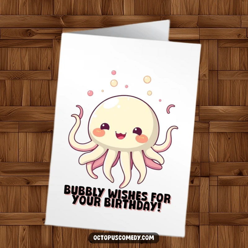 Funny Free Printable Birthday Card: a round, bubbly creature happily drifting upwards with flowing tentacles, a unique greeting.