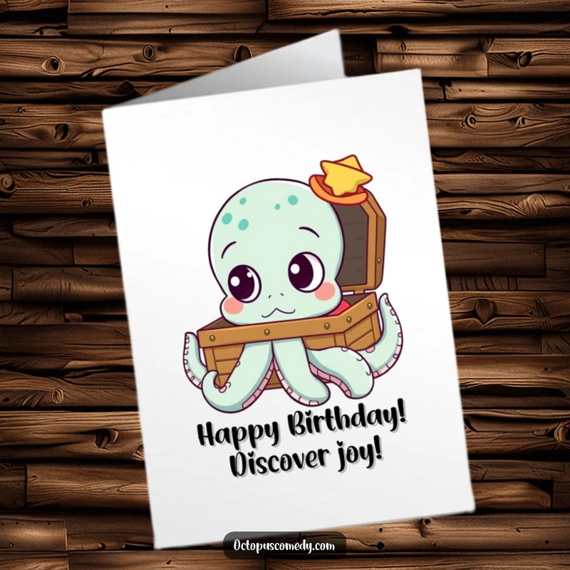 Funny Free Printable Birthday Card: Octopus with Big Eyes Gazing Intently at an Open Treasure Chest.