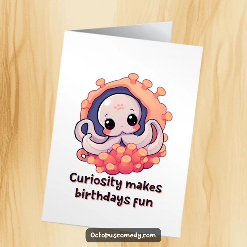 Funny Free Printable Birthday Card: An octopus curiously peeks out from behind a brightly colored, textured anemone.