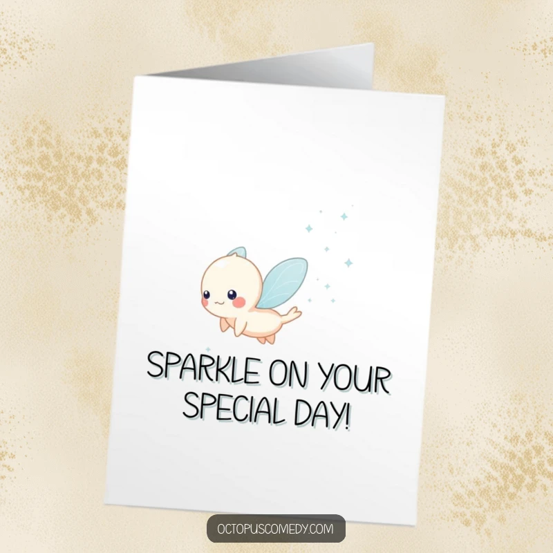 Funny Free Printable Birthday Card: a small, ethereal creature trails sparkling water droplets, a magical and humorous greeting.