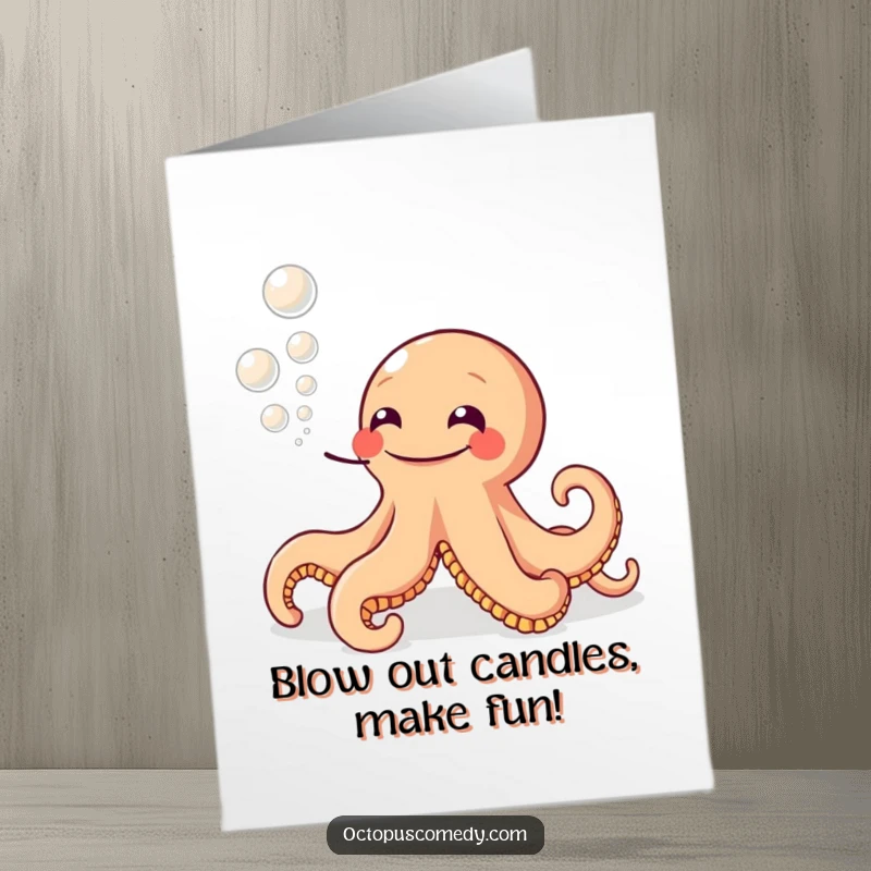 Funny Free Printable Birthday Card: Octopus with a wide grin blowing a delightful trail of ink bubbles.