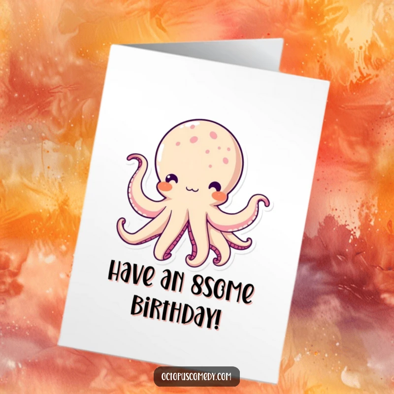 Cute Free Printable Birthday Card featuring a kawaii octopus with tentacles playfully waving hello, perfect for a fun celebration.