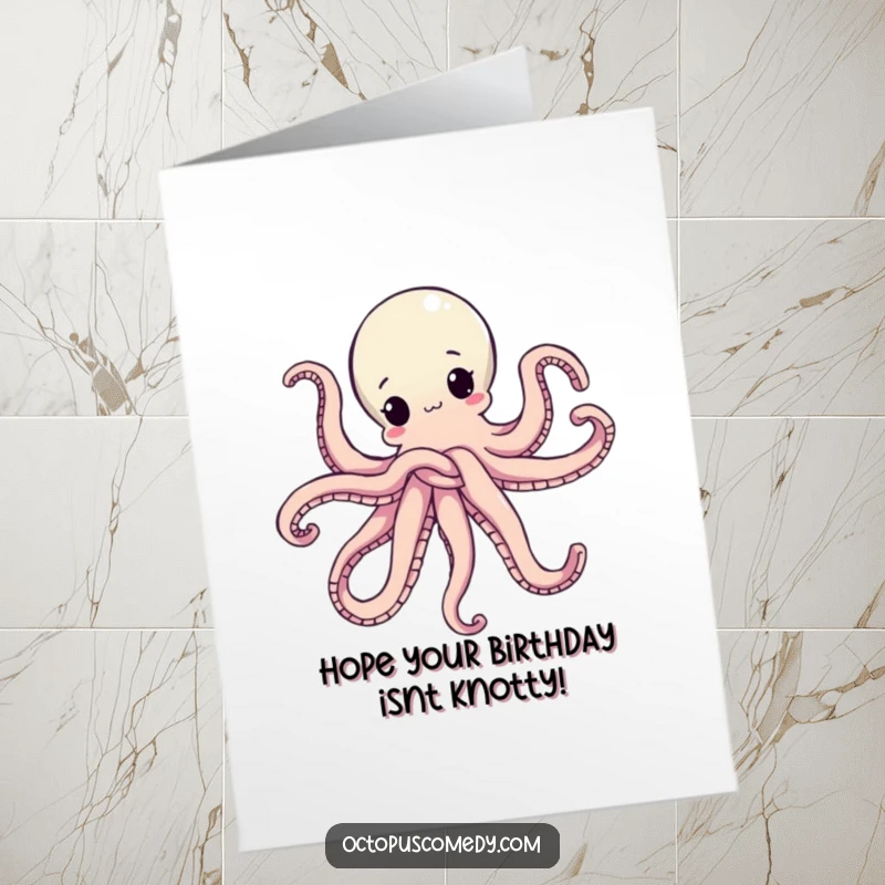 Funny Free Printable Birthday Card: Octopus hilariously tangled in its own arms, a unique downloadable greeting.