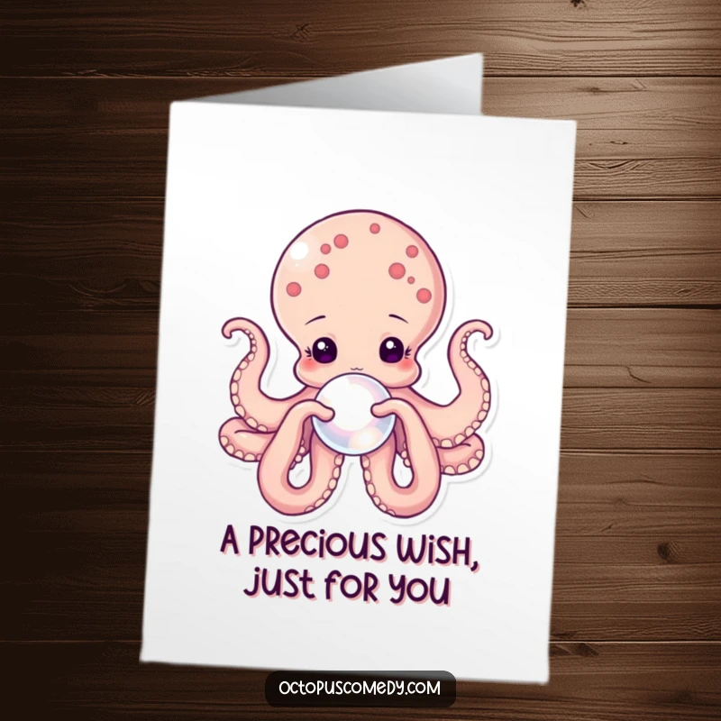 Free Printable Birthday Card showing an octopus gently cradling a luminous pearl with its delicate tentacles.
