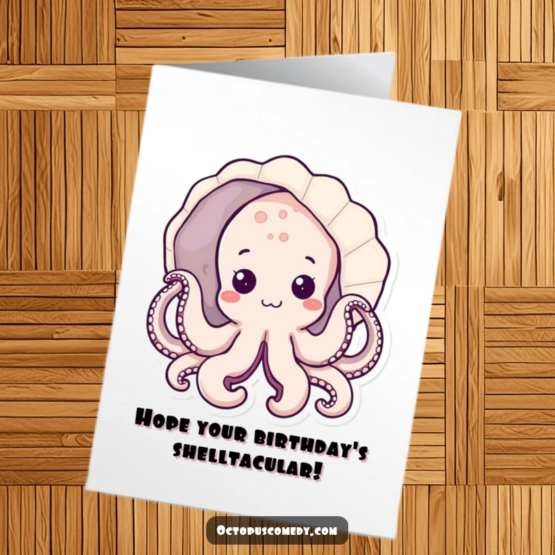 Funny Free Printable Birthday Card with a shy kawaii octopus curiously peeking out from behind a large, decorative seashell.