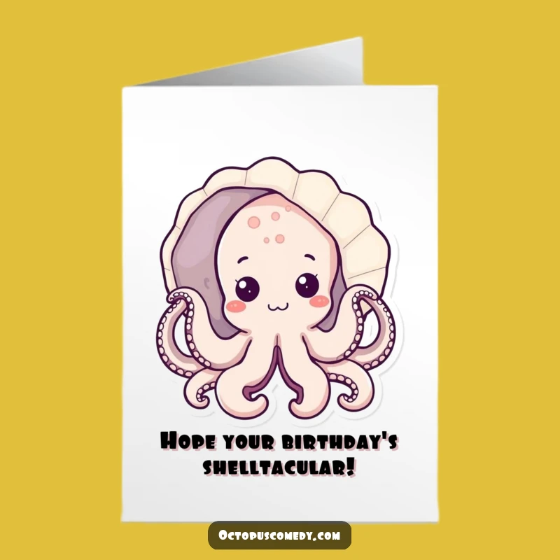 Free Printable Birthday Card: Shy Kawaii Octopus Seashell Surprise - Instant Download
