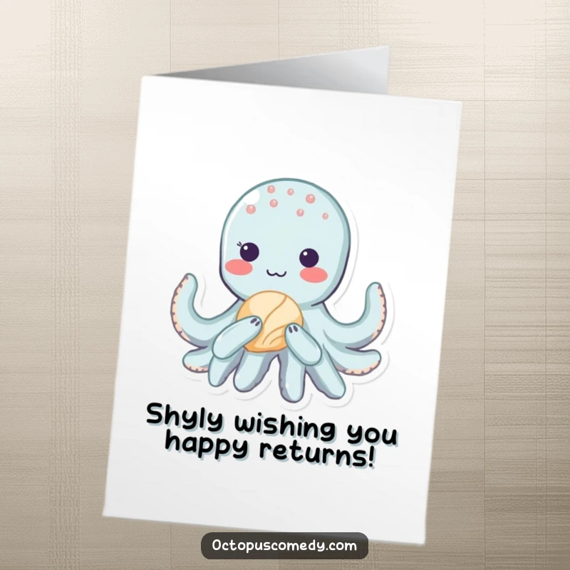 Funny Free Printable Birthday Card: Shy kawaii octopus blushing and holding a seashell, perfect for a sweet and humorous greeting.