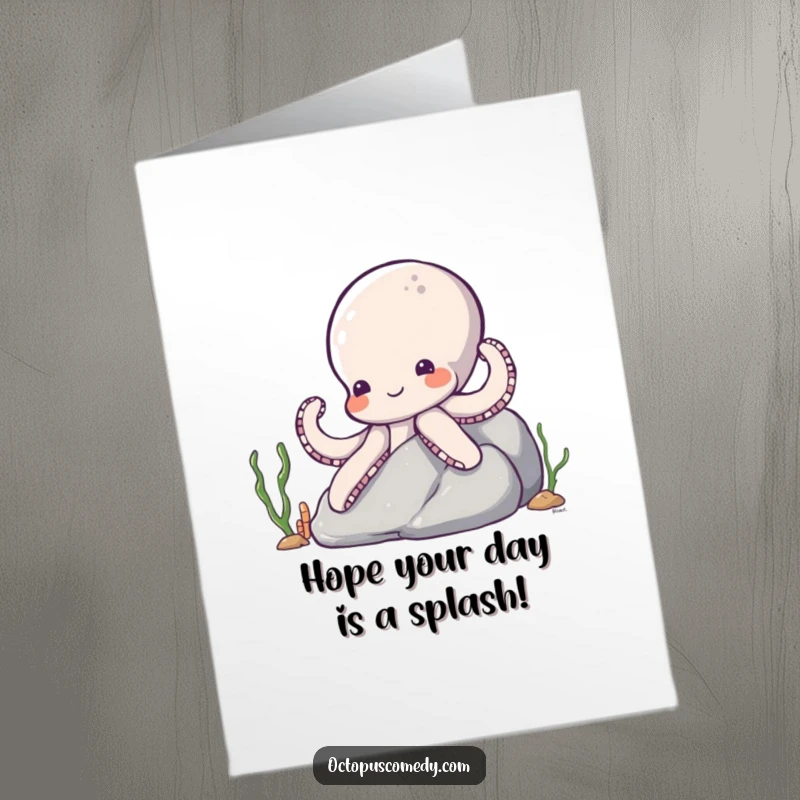 Funny Free Printable Birthday Card: A shy octopus with a small smile peeks cautiously from behind a large underwater rock.