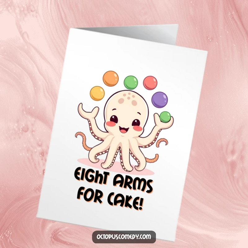 Free Printable Birthday Card of a cute, smiling octopus skillfully juggling eight brightly colored balls with all its tentacles.