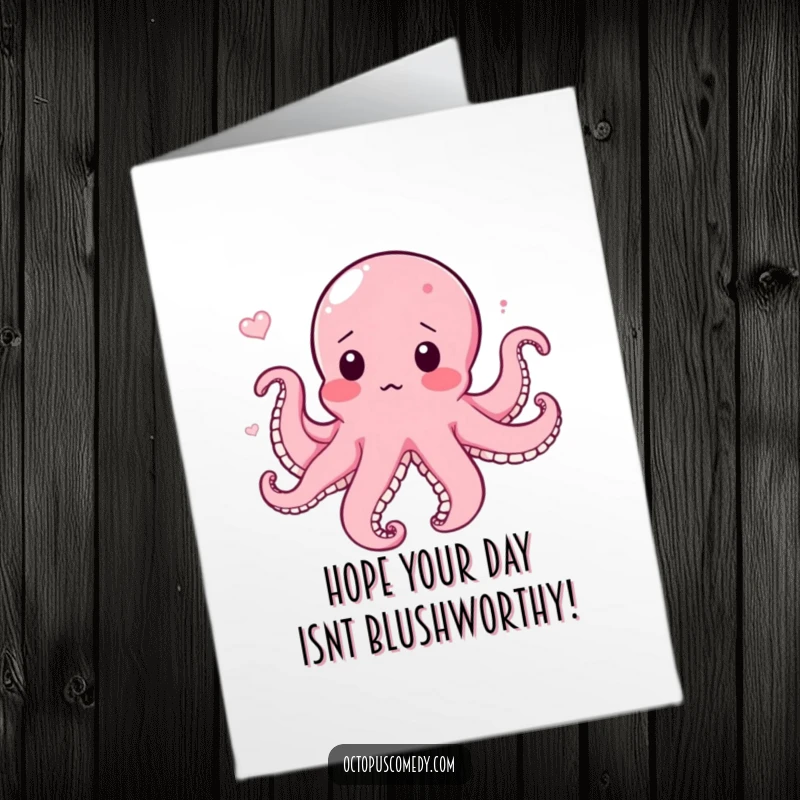 Funny Free Printable Birthday Card: Octopus with a surprised blush, caught mid-current, looking adorably flustered.