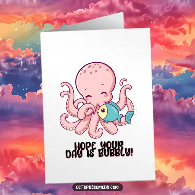 Funny Free Printable Birthday Card: A cheerful octopus playfully tickles a tiny fish with a tentacle.