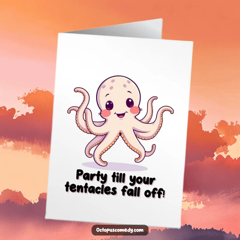 Funny Free Printable Octopus Birthday Card: Goofy octopus with wobbly tentacles dancing a silly jig with a huge smile.