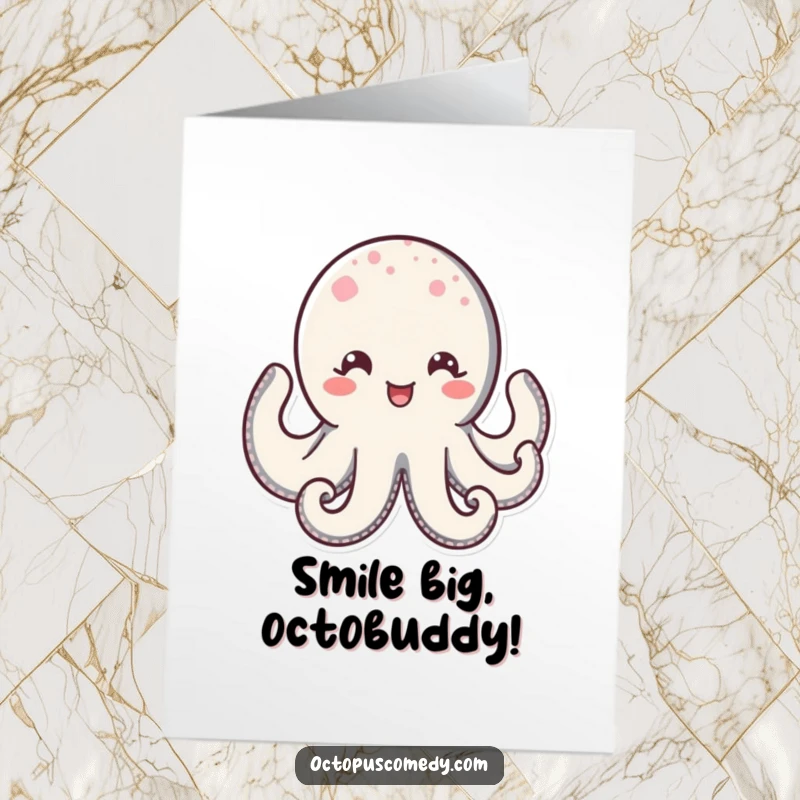 Funny Free Printable Birthday Card: Kawaii octopus with a wide, delighted smile and sparkling eyes, spreading birthday cheer.