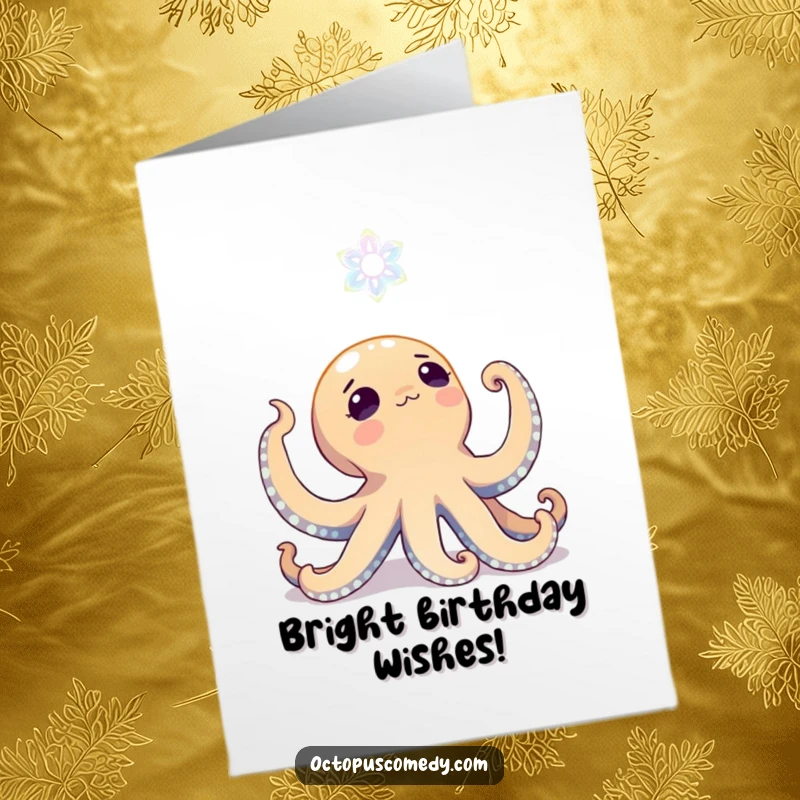 Funny Free Printable Birthday Card: An octopus gazes upwards with wide-eyed wonder at a bright bioluminescent bloom.