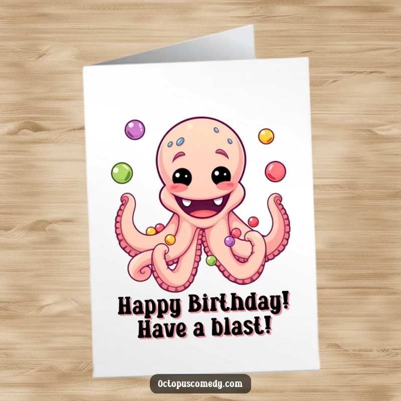 Funny Free Printable Birthday Card: Smiling Octopus with Wide Grin Effortlessly Juggling Shiny Colorful Pearls.