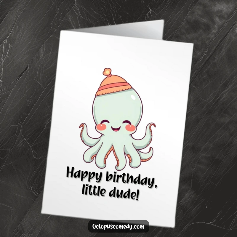 Funny Free Printable Birthday Card: An octopus wearing a tiny hat lets out a quiet giggle, a sweet and humorous downloadable greeting.