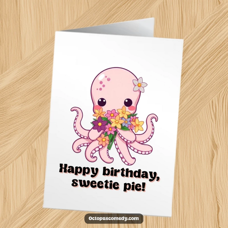 Funny Free Printable Birthday Card: A cute, kawaii octopus holding a bouquet of sea flowers. A sweet and downloadable greeting.