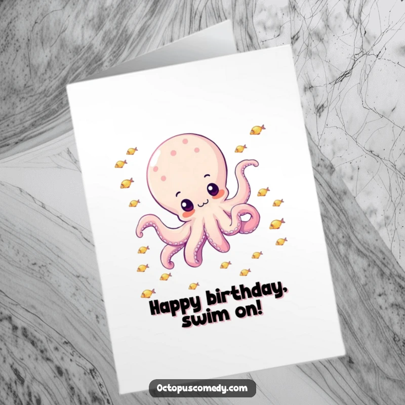 Funny Free Printable Birthday Card: A joyful octopus glides serenely through a school of tiny, shimmering fish.