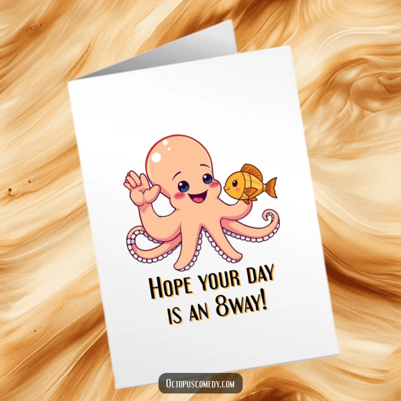 Funny Free Printable Birthday Card: An overjoyed octopus enthusiastically attempts a high-five with a startled fish.