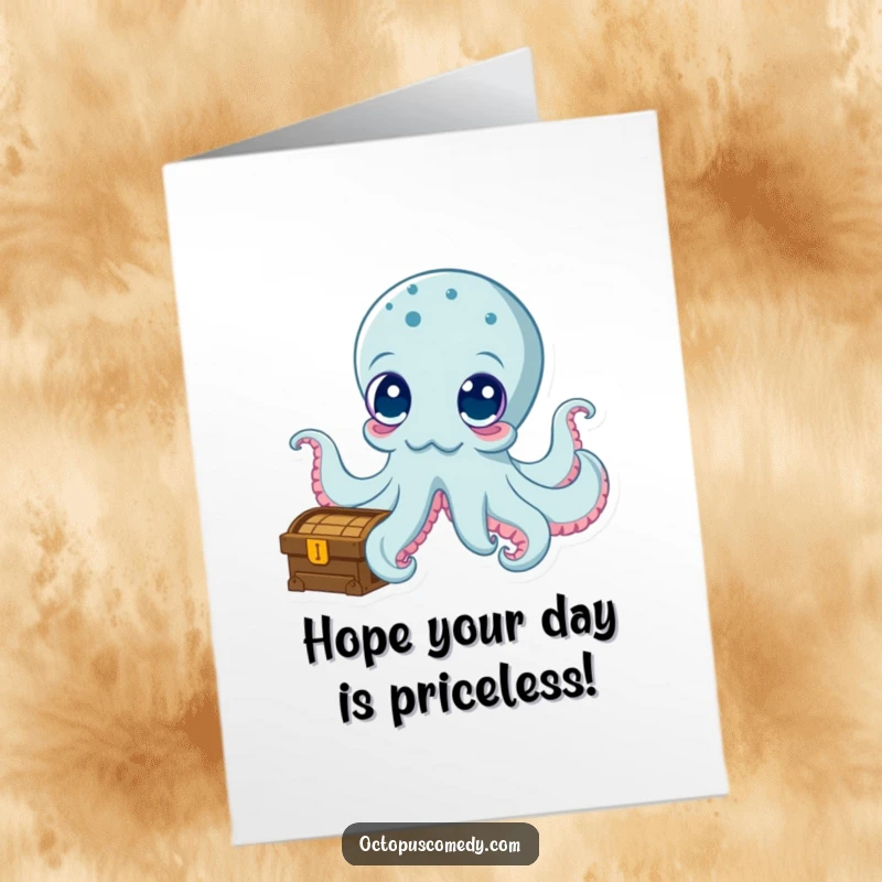 Funny free printable birthday card featuring an octopus with wide, curious eyes peeking into a treasure chest, full of birthday wishes.