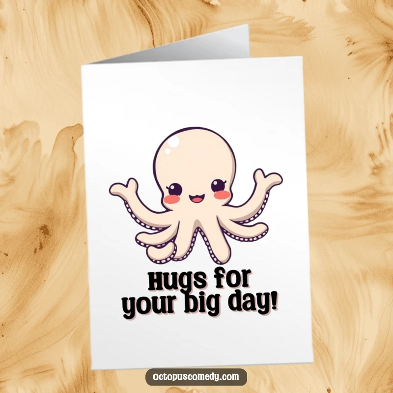 Funny Free Printable Birthday Card showing a cute kawaii octopus extending all its arms in a big, welcoming, friendly gesture.