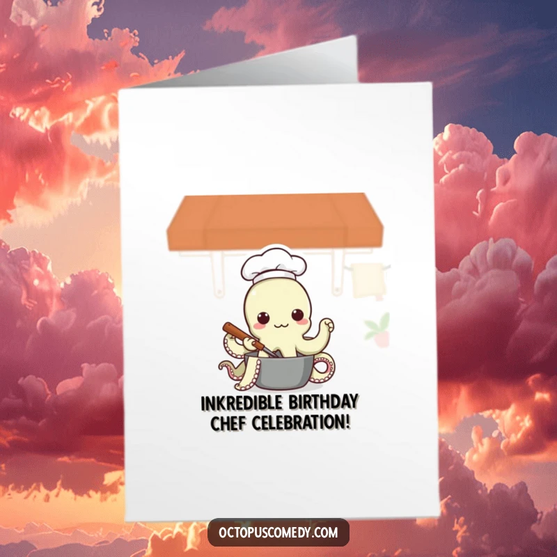 Funny Free Printable Birthday Card: A cute octopus chef in a tiny hat stirs a pot, ready to cook up some laughs.