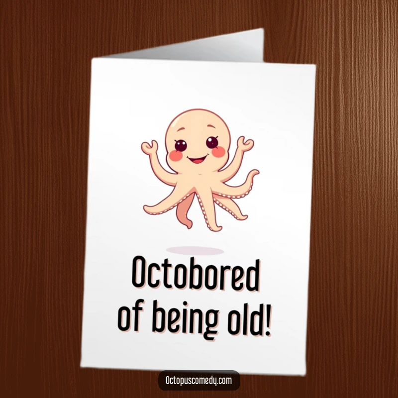 Funny Free Printable Birthday Card showing an ecstatic kawaii octopus mid-air jump with an infectious, silly grin.