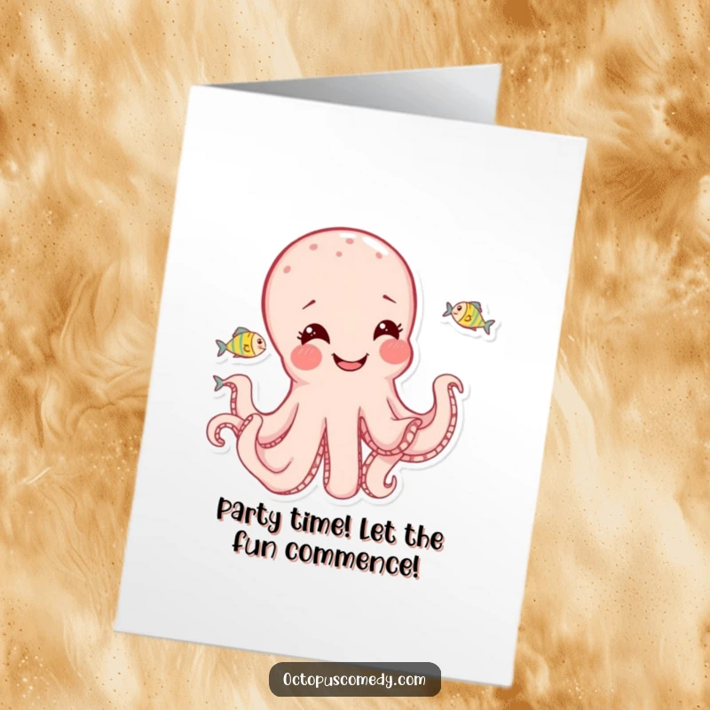 Funny Free Printable Birthday Card: Joyful octopus playfully chasing tiny fish, a scene of pure birthday delight.