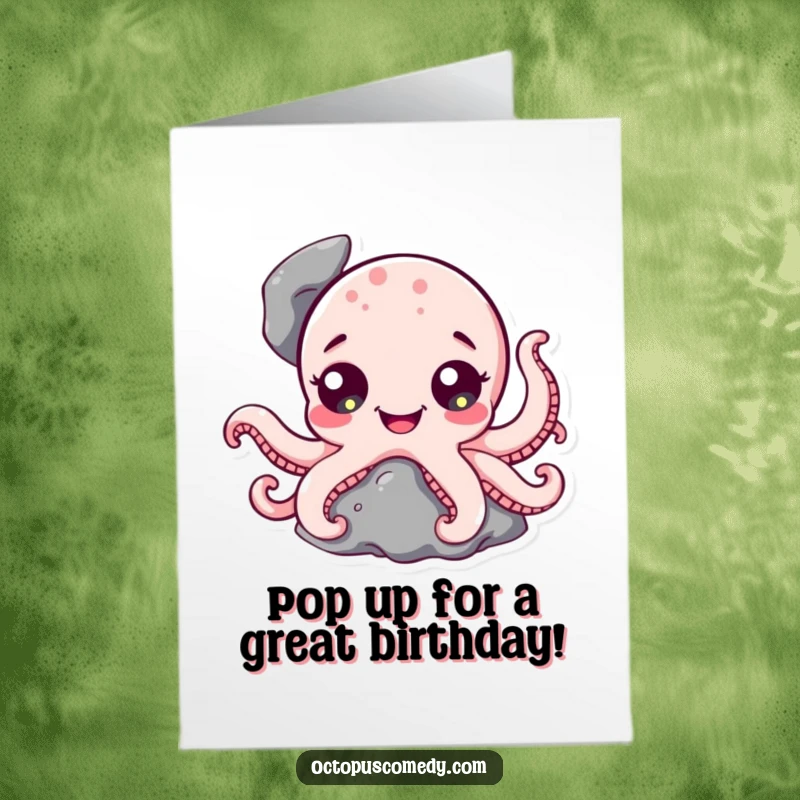 Funny Free Printable Birthday Card: a happy octopus with big eyes peeking from a rock, a delightful birthday surprise.