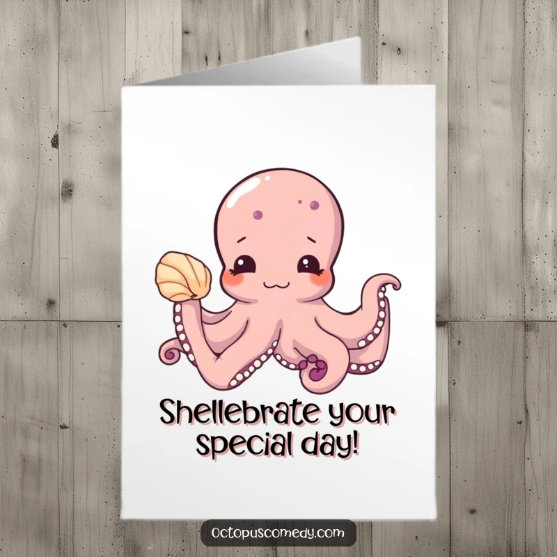 Funny Free Printable Birthday Card: Shy octopus gently offers a seashell, cute and downloadable for a unique greeting.