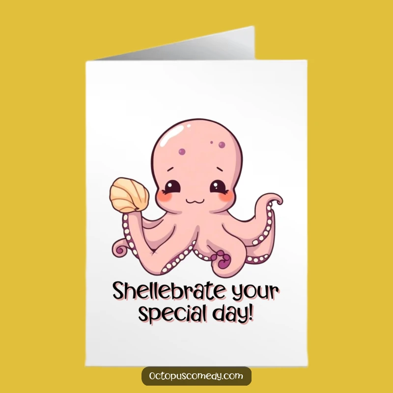 Free Printable Birthday Card: Shy Octopus with Seashell, Cute Downloadable Gift!
