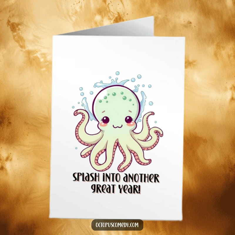 Funny Free Printable Birthday Card: Playful octopus with a flourish splashing water, spreading joy and laughter.