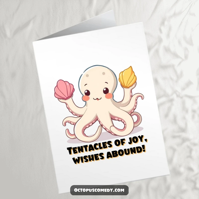 Funny Free Printable Birthday Card featuring an octopus enthusiastically juggling colorful seashells with all eight arms.