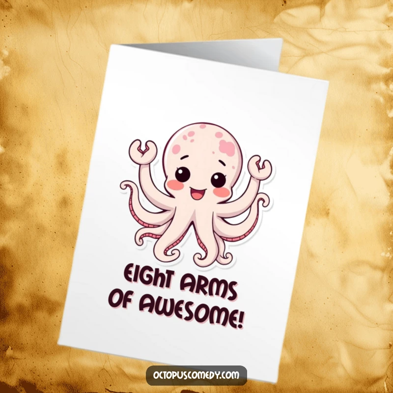 Funny free printable congratulations card: A kawaii octopus with waving tentacles expresses immense joy and excitement for a success.