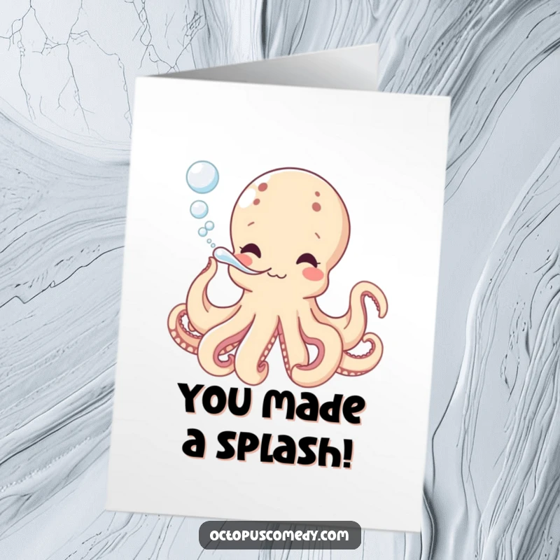 Funny Free Printable Congrats Card: Octopus playfully blowing bubbles from its siphon, a cheerful and downloadable message.